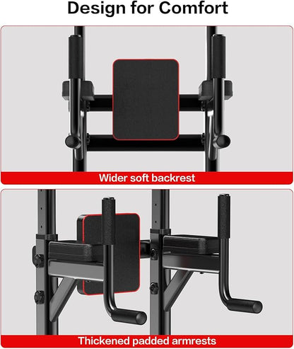 Power Tower Pull Up Bar Station Dip Stands with 6 Height Levels 59”-90” for Home Gym Workout Station Strength Training Equipment