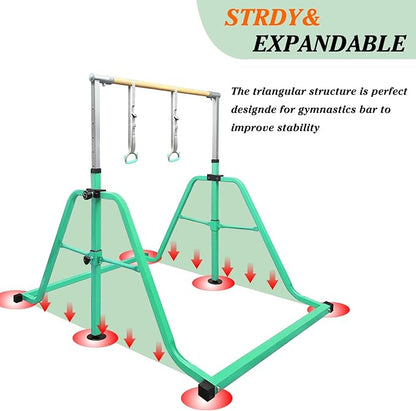 Foldable & Moveable Gymnastics Horizontal Bar with Rings,3’to 5’Adjustable Height Expandable Junior Kip Bar for Home,Indoor Gym Equipment for Kids
