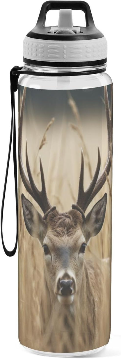 YETTASBIN Deer Clear Water Bottle with Straw Lid, BPA-Free Leakproof Sport Water Bottle 32oz Large Gym Water Jug for Men Women Travel Fitness Outdoor