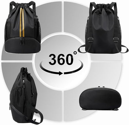 Hoedia Sports Drawstring Backpack - String Swim Gym Bag with Shoes Compartment and Wet Proof Pocket for Women&Men, Black Gold