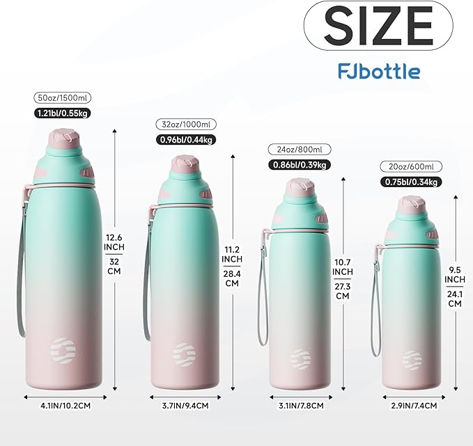 Fjbottle Insulated Stainless Steel Water Bottle, 50 Oz Leakproof Water Bottles, Ice Reusable Tumbler, Double Wall Vacuum Jug, Lightweight Durable for Traveling & Sports, Workout, 50oz
