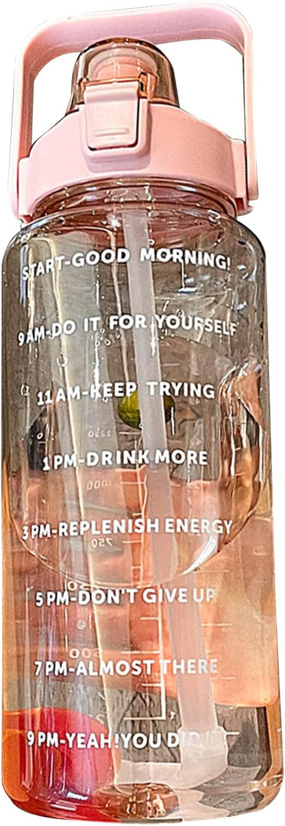 Sports Water Bottle with Straw, 2000ML Large Capacity Plastic Water Cup with Time Water Bottle Portable Strap Transparent Drinking Water Bottle with Times Scale for Gym Outdoor Fitness(Pink)