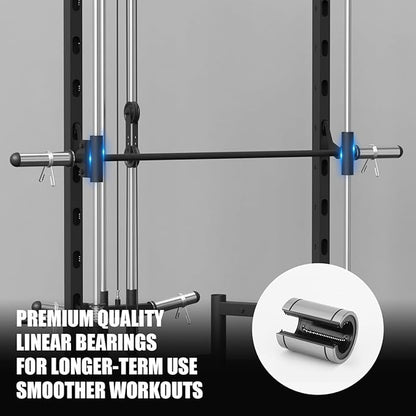 FAGUS Smith Machine Home Gym Power Cage with Pulley System, Space Saving Design Squat Rack with Full Body Strength Training Attachments, PEC Station & Fixed Cable Crossover Optional