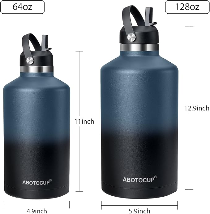 Gallon Water Bottle,128oz Stainless Steel Water Bottles Insulated,Double Wall & Leak Proof, Travel,Football,Gym,Camping Essentials,Keep Cold All Day,Indigo Black Gradient