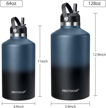 Gallon Water Bottle,128oz Stainless Steel Water Bottles Insulated,Double Wall & Leak Proof, Travel,Football,Gym,Camping Essentials,Keep Cold All Day,Indigo Black Gradient
