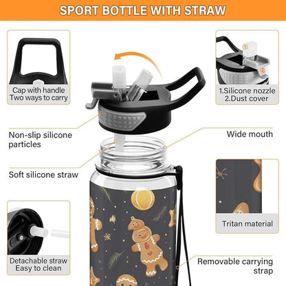 ALAZA Gold Gingerbread Leaf Merry Christmas Sports Water Bottle with Straw Tritan Drink Bottle 32 oz BPA Free Reusable for Travel Outdoor Fitness