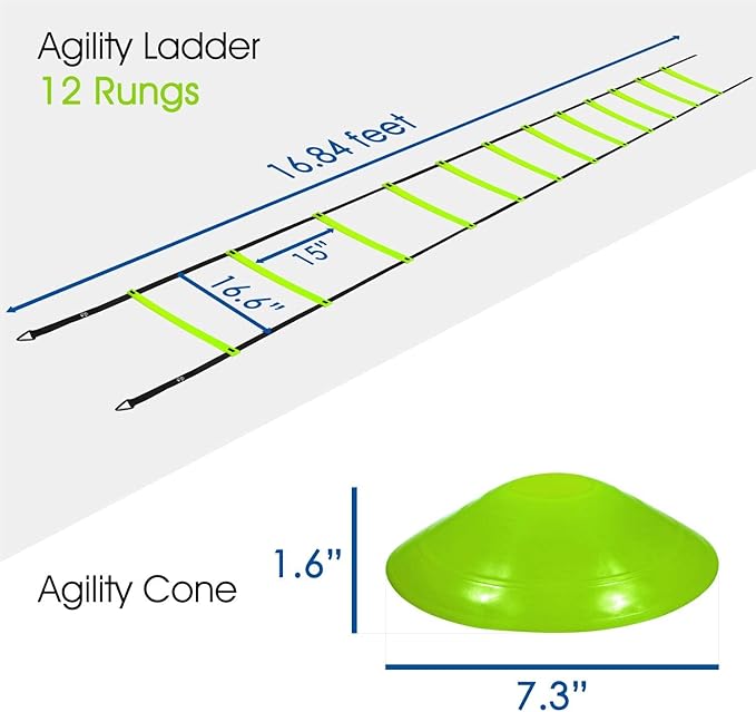 Yes4All Agility Ladder Lime 12 Rung + Agility Cone Lime 12pcs and Agility Hurdle Set, Ultimate Speed Training Equipment, Agility Obstacle Training, Pet Outdoor Games, Included Carry Bag