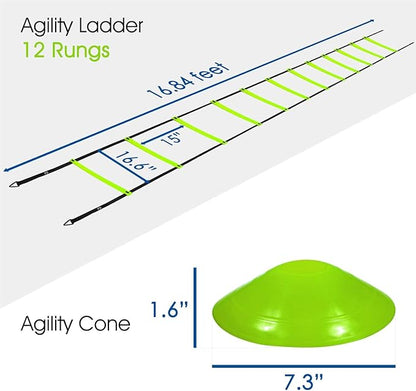 Yes4All Agility Ladder Lime 12 Rung + Agility Cone Lime 12pcs and Agility Hurdle Set, Ultimate Speed Training Equipment, Agility Obstacle Training, Pet Outdoor Games, Included Carry Bag