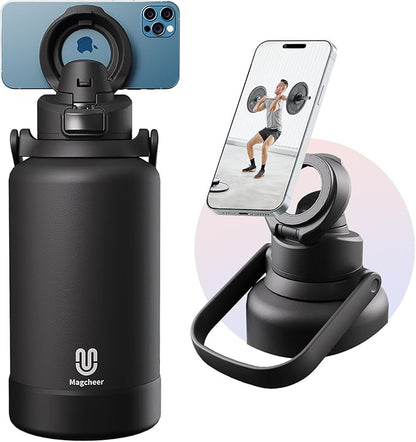 64oz Insulated Magnetic Water Bottle - Stainless Steel Vacuum Flask with MagSafe Compatible Phone Holder Keeps Drinks Cold for 24 Hours Water Jug for Gym and Outdoor Activities（Balck)