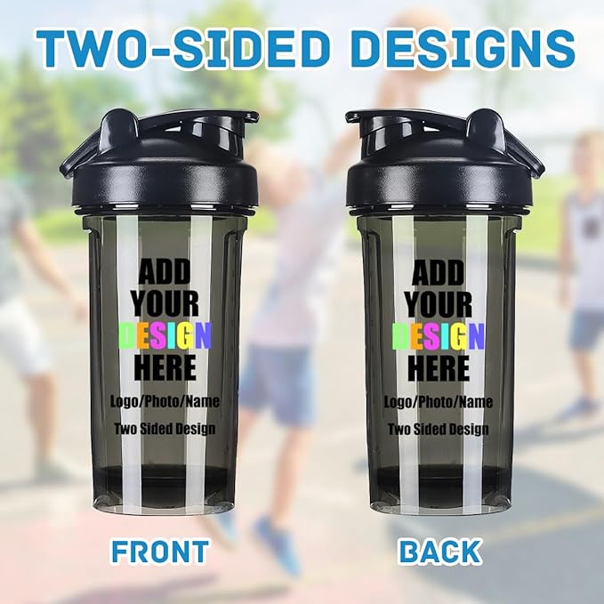 Custom Shaker Bottles 18 Oz for Men Women, Personalized Shaker Bottle with Handle Add Your Own Name Logo Picture - Easy Clean Sports Water Cups, Black