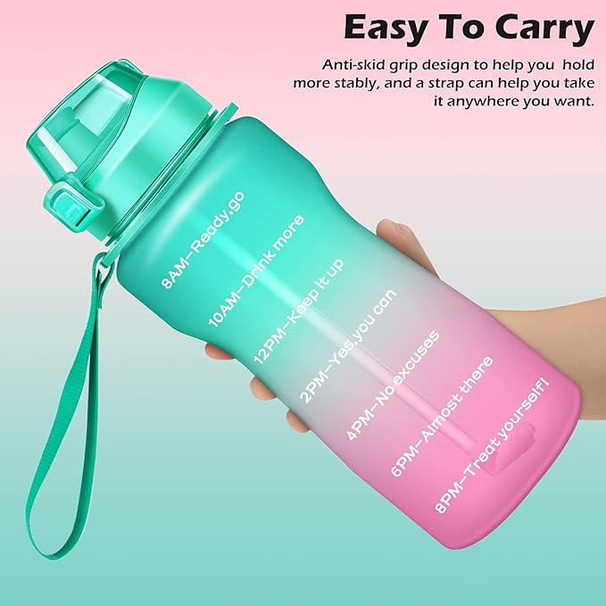 Gallon Motivational 64/100 oz Water Bottle with Time Marker & Straw, Large Daily Water Jug for Fitness Gym Outdoor Sports, Remind of All Day Hydration, Leak Proof, BPA Free (green+pink, 100oz)