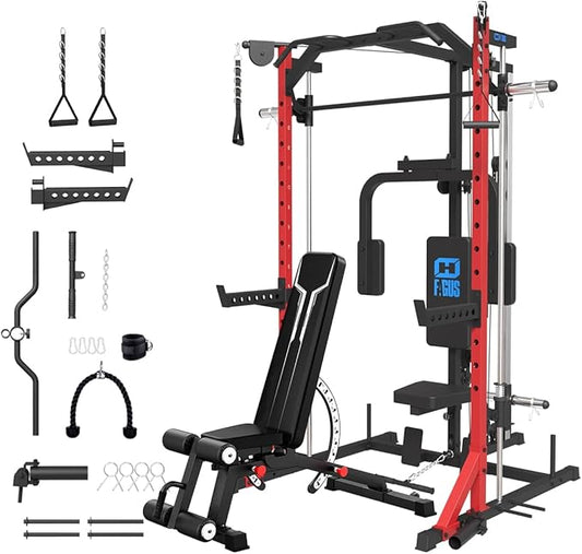 FAGUS Smith Machine Home Gym Power Cage with Pulley System, Space Saving Design Squat Rack with Full Body Strength Training Attachments, PEC Station & Fixed Cable Crossover Optional