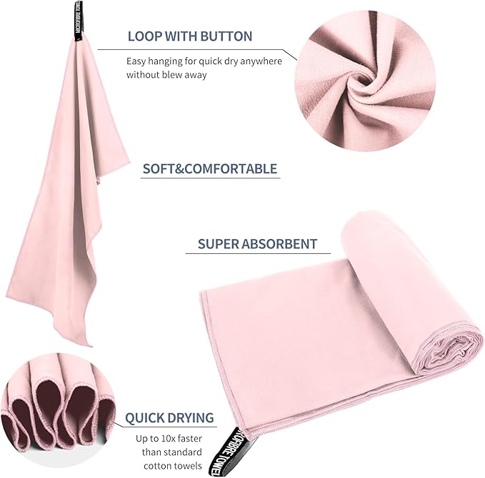 Microfiber Travel Towel, Soft Lightweight Quick Dry Towel, Super Absorbent Compact Travel & Sports & Beach Towels for Camping, Backpack, Gym, Swimming, Yoga, Hiking (L:24"×48" -Rose Pink)