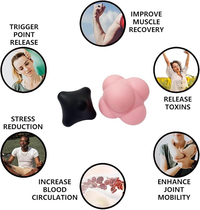 Set of 2 Massage Balls, Reflex Ball for Hand Eye Coordination Training and Six Point Spike Massage Ball for Deep Muscle Relief, Suitable for Hands, Feet and Back (Pink/Black)