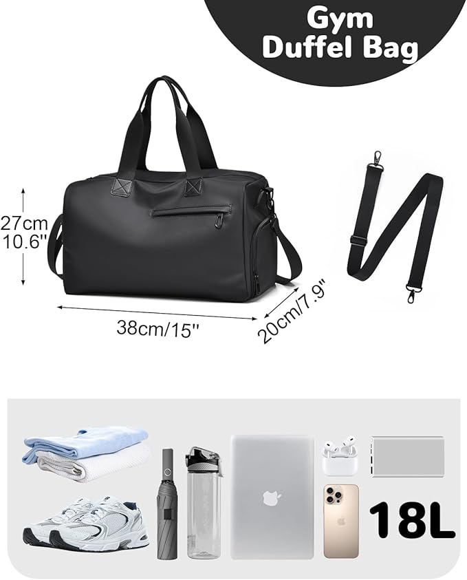 Small Gym Bag for Men Women, 18L Waterproof Travel Duffle Bag with Shoe Compartment & Wet Pocket, Carry on Personal Item Bags for Travel Airplane, Black