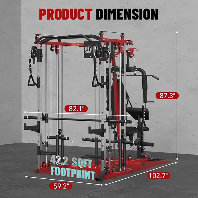All in One Home Gym System Workout Station, Multi-Function Smithe Machine Power Cage with Cable Crossover System, Tripe-Sided Independent Load Posts, Functional Trainer for Full Body Training