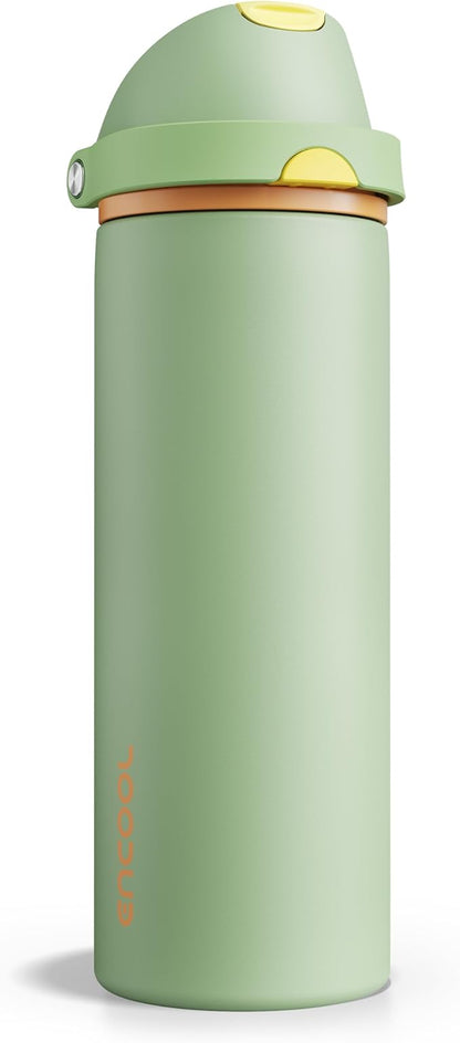 Insulated Water Bottle with Straw - Encool Stainless Steel Water Bottle with Push Button Lid, Leak-Proof & BPA-Free, Keeps Cold for 24 Hours for Sports, Travel, Gym (24 oz, Lichen-Yellow)