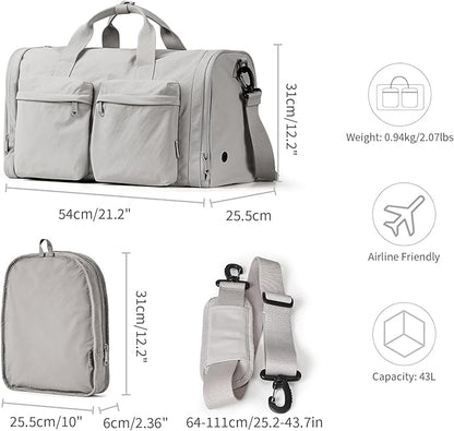 Aji Foldable Travel Duffel Bag for Women with Shoes Compartment, 3 in 1 Carry on Gym Bag with Removable Dry Wet Bag, Lightweight&Water Resistant Duffel Bag for Travel,Sports&Workout, Elegant Gray