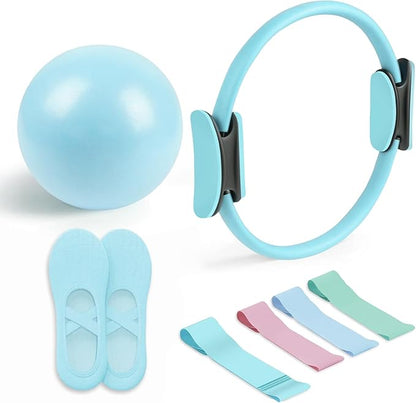 Pilates Essential Kit - Portable Fitness Equipment - with Toning Pilates Ring & Long Resistance Bands & Pilates Loop Bands & Soft Pilates Ball & Pilates Grip Socks