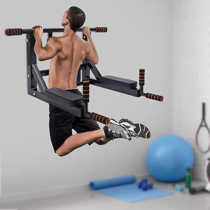 Wall Mounted Pull Up Bar Chin Multifunctional Chin Up Bar Heavy Duty Dip Station Power Tower Set Training Equipment Fitness Dip Stand for Indoor Home Gym Workout, Supports to 440 Lbs