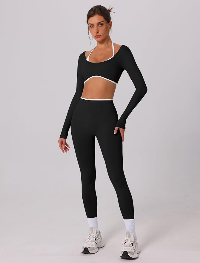 ABOCIW Workout Sets for Women Long Sleeve Crop Top Scrunch Butt Lifting High Waist Leggings 2 Piece Gym Yoga Outfits