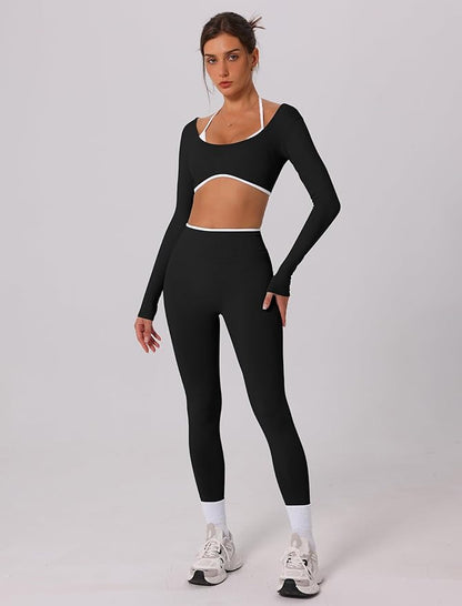 ABOCIW Workout Sets for Women Long Sleeve Crop Top Scrunch Butt Lifting High Waist Leggings 2 Piece Gym Yoga Outfits
