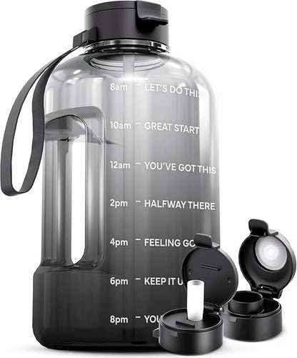 AQUAFIT 128 oz Water Bottle with Time Marker - Straw & Chug Lid - BPA Free 1 Gallon Gym Water Bottle with Handle - Big Gallon Jug (Midnight Gray, 128 Ounces)