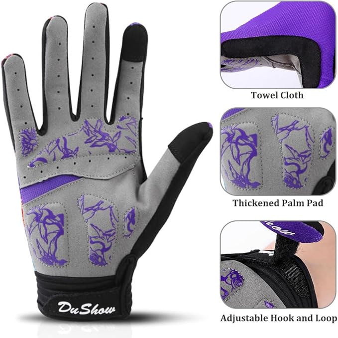 DuShow Bike Gloves for Women Cycling,Pink Floral Workout Gloves Women,Full Finger Biking Driving Riding Gloves for Women,Gel Padded Touch Screen Gym Gloves