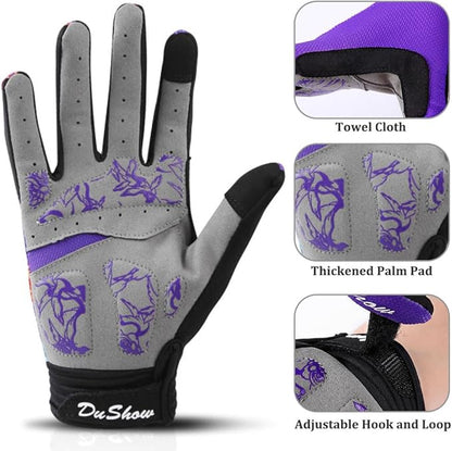 DuShow Bike Gloves for Women Cycling,Pink Floral Workout Gloves Women,Full Finger Biking Driving Riding Gloves for Women,Gel Padded Touch Screen Gym Gloves