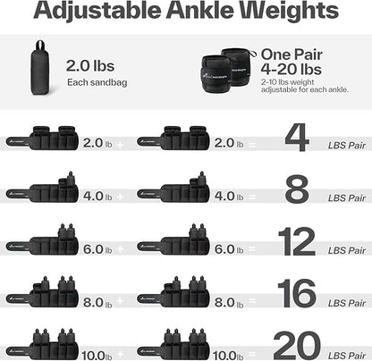 Sportneer 20lbs/Pair Adjustable Ankle Weights for Women and Men, Modularized Leg Weight for Yoga, Walking, Running, Aerobics, Gym, Physical Therapy