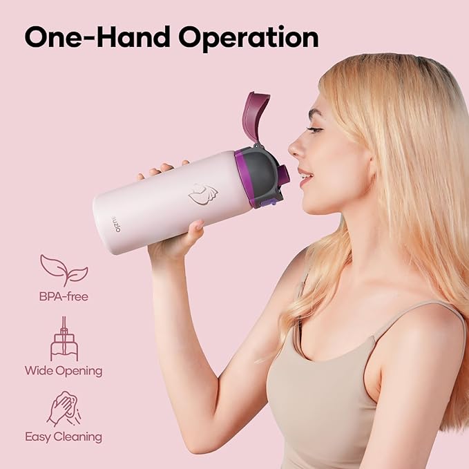 BUZIO 32oz Metal Water Bottle with Chug Lid, Insulated Flask with Leakproof Locking Lid for Sports Travel Gym Work, BPA-Free, Carry Loop, Dishwasher Safe, Best Holiday Gift for man/women, Light Pink