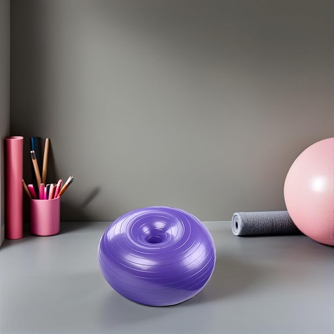VOSAREA Inflatable Donut Yoga Ball with Air Pump, Thickened Durable Stability Ball for Core Training and Pregnancy Exercise, Purple Gym Balance Trainer for Home and Office