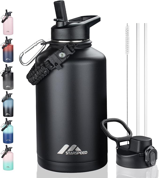 StarSpeed 64oz Insulated Water Bottle with Straws & 2 Lids, Half Gallon Stainless Steel Double Walled Vacuum Water Jug, Large Wide Mouth with Paracord Handle for Gym Camping Hiking, Black