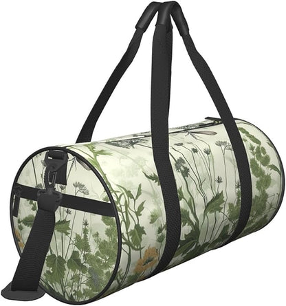 Sports Gym Bag for Women Men Travel Duffel Bag Tote Weekender Bag Carry on Overnight Bag for Travel Swimming Fitness Workout Sports Foliage and Herbs with Dragonflies Winged Duffle Bag