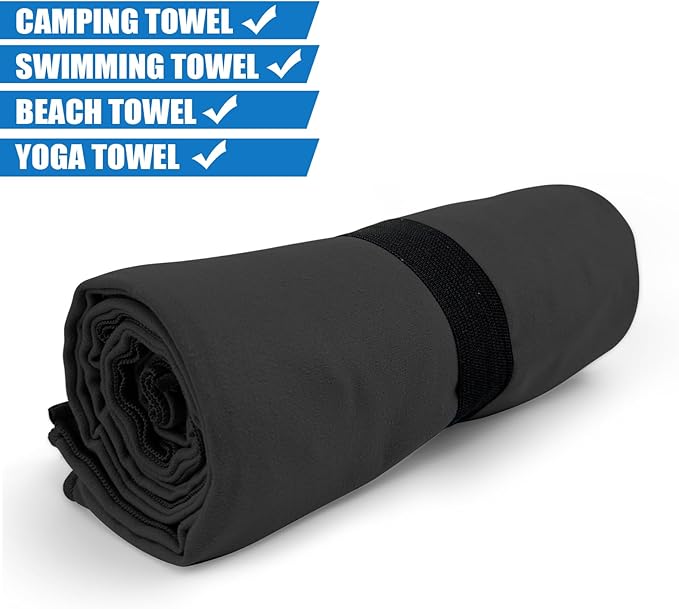Camping Towel L Size Microfiber Quick Dry Lightweight Travel Body Swimming Pool Beach Hot Yoga Mat Towels (Black, 1 Pack L)