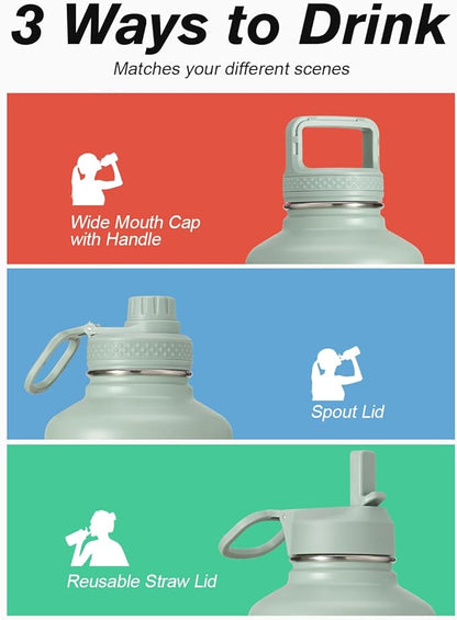 Coolflask Half Gallon Water Bottle Insulated with Straw & 3 Lids, 64 oz Water Jug Large Metal Stainless Steel Wide Mouth for Sports, Gym or Office, Non-BPA Keep Cold 48H Hot 24H, Grey Green