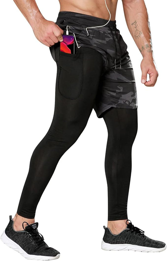 OEBLD Mens 2 in 1 Athletic Running Pants Quick Dry Gym Workout Shorts for Men Compression Pants with Pockets