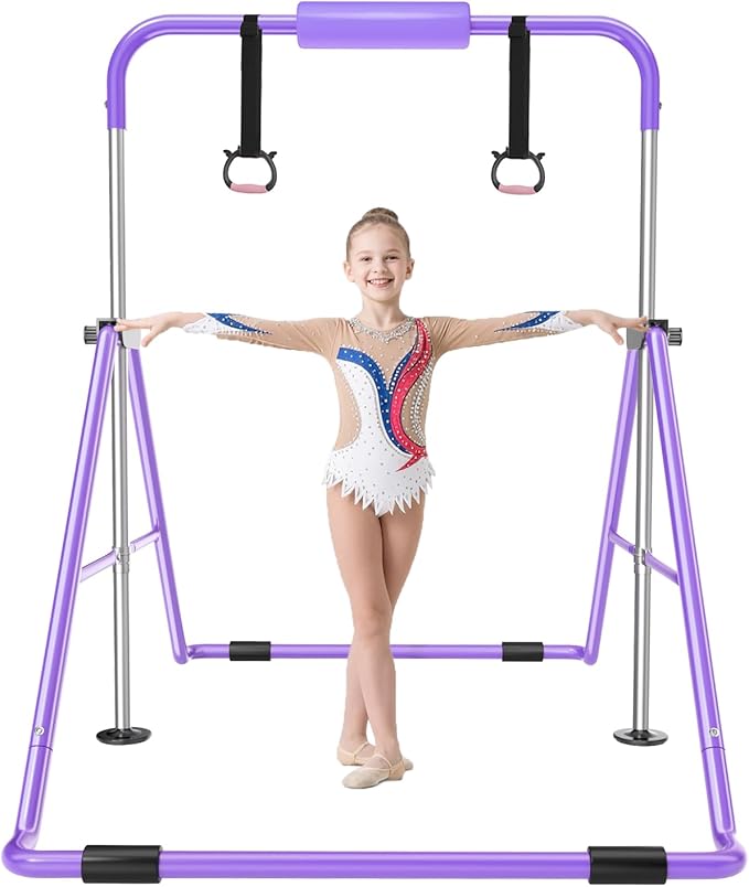 Safly Fun Foldable Gymnastics Bar for Kids, Adjustable 35"-51", Sturdy 145 lbs Capacity, Easy-to-Assemble, Gymnastics Equipment for Kids for Indoor/Outdoor Training
