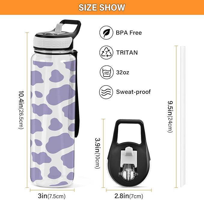 Fustylead Purple Cow Print Tritan Water Bottle with Straw and Lids, 32 oz Reusable BPA Free Sport Water Bottle for Gym Camping Hiking Travel
