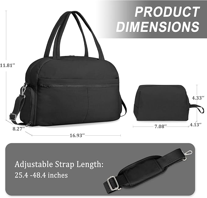 Sports Gym Bag for Women, Lightweight Travel Duffle Bags with Shoe Compartment & Wet Pocket, Weekender Overnight Bag Fitness Workout Bag with Toiletry Bag (Black)