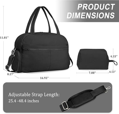Sports Gym Bag for Women, Lightweight Travel Duffle Bags with Shoe Compartment & Wet Pocket, Weekender Overnight Bag Fitness Workout Bag with Toiletry Bag (Black)