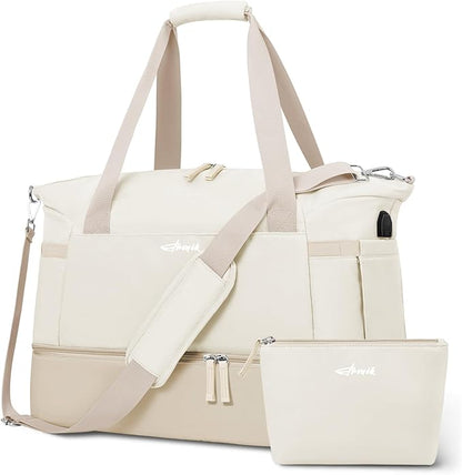ETRONIK Gym Bag for Women, 45L Carry On Travel Duffel Bag with Shoes Compartment, Weekender Overnight Bag with Wet Pocket & USB Charging Port for Women, Travel, Gym, Weekend, Large Size (Khaki//Beige)