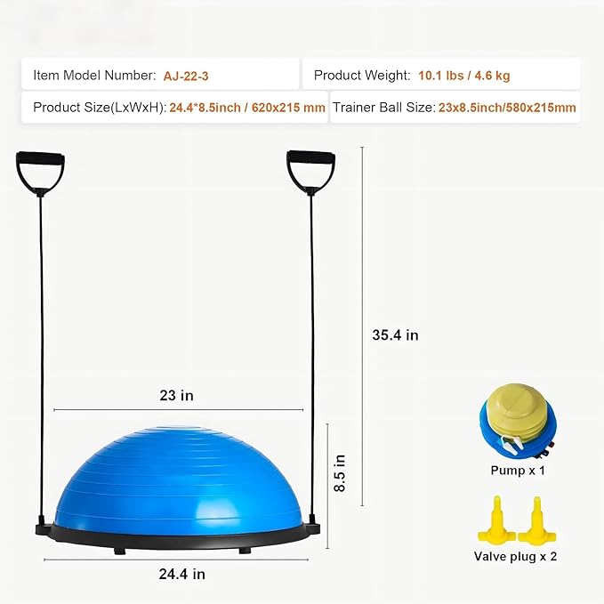 Half Exercise Ball Trainer 23 inch Balance Ball Trainer 1500lbs Capacity Stability Ball with Resistance Bands & Foot Pump, Strength Fitness Ball for Home Gym Full Body Workout