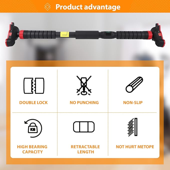 Pull Up Bar for Doorway, 440LBS Heavy Duty Strength Training Chin Up Bar with Bubble Level Meter and Adjustable Width 27.2" - 42" No Screws for Home Gym Upper Body Workout Black Red