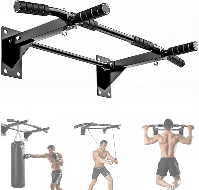 Pull Up Bar Wall Mounted - Multifunctional Wall Mounted Pull Up Bar for Home Gym, Workout Strength Training Equipment, Chin-Up Bar with 2 Suspension Anchors, Fits 16" & 24" Studs