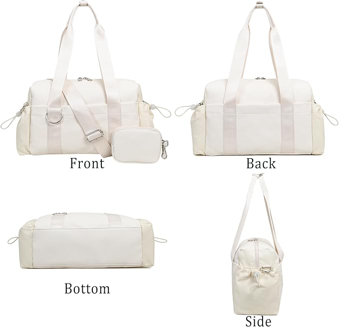 Everyday Mini Gym Bag for Women 2.0, Small Tote with Zipper Compartment Waterproof Travel Duffle Cute Handbag Workout Carry On with Removeable Shoulder Strap & Coin Wallet Easy to Clean - Beige