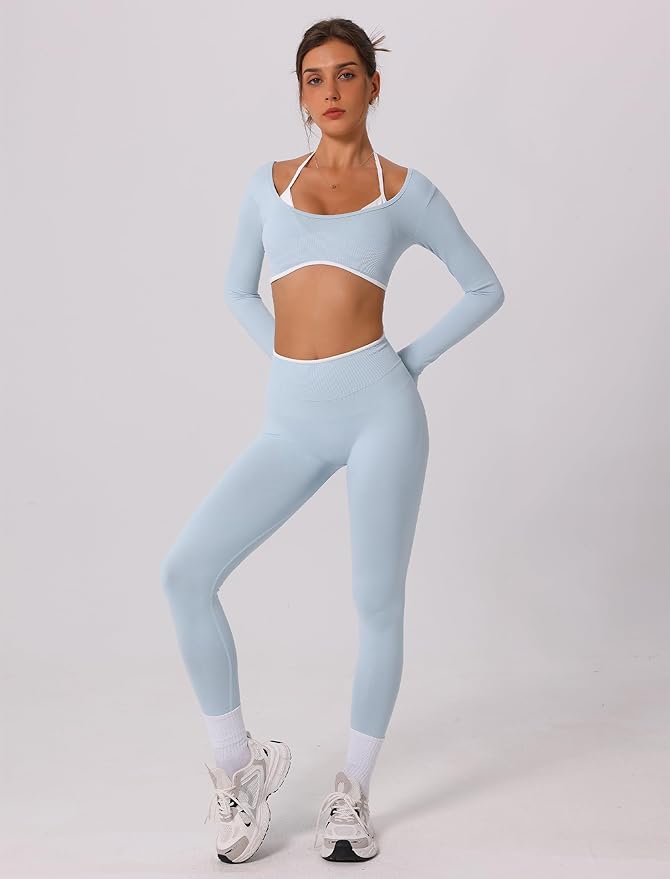 ABOCIW Workout Sets for Women Long Sleeve Crop Top Scrunch Butt Lifting High Waist Leggings 2 Piece Gym Yoga Outfits