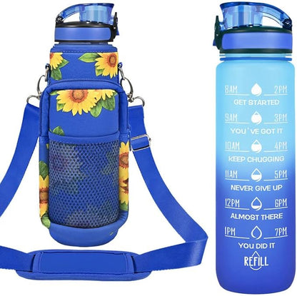 32 oz Water Bottles with Straw & Strap, Motivational Water Bottles with Times to Drink, BPA Free Reusable Sports Water Bottle with Sleeve Carrier for Hiking, Travel, Running or Fitness