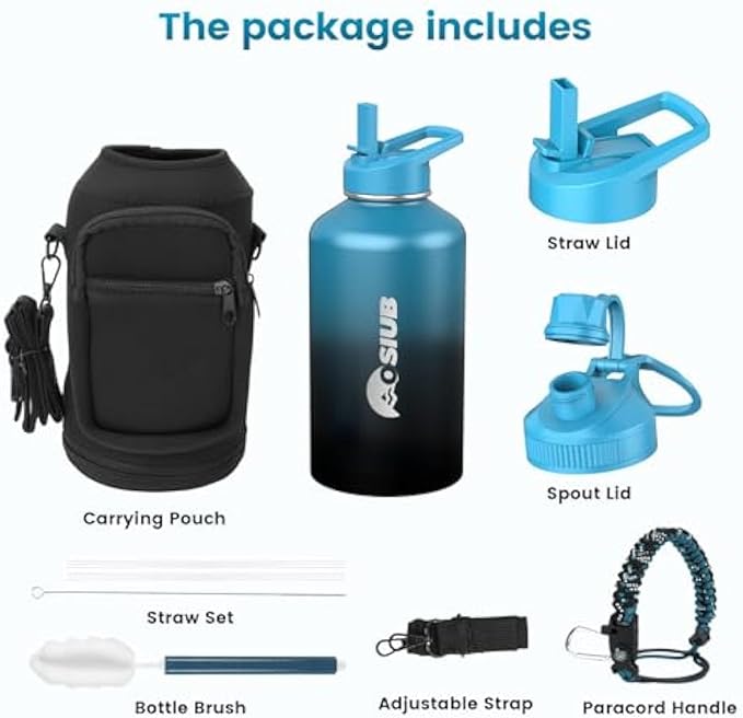 Insulated Water Bottle 64 oz, Triple Wall Vacuum Stainless Steel(Cold for 48 Hrs),Leak Proof & BPA-Free,Half Gallon Water Bottle with Reflective Paracord & Flip Straw for Sports & Travel, Indigo-Black