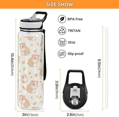 ALAZA Hipster Hamster Flower Floralhippo Sports Water Bottle with Straw Tritan Drink Bottle 32 oz BPA Free Reusable for Travel Outdoor Fitness